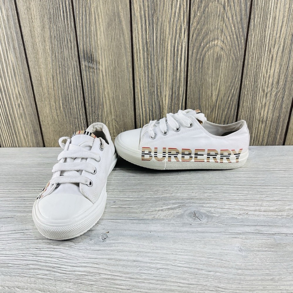 Burberry Kid's Larkhall Icon Stripe Logo Gabardine Sneakers Size 29 - Picture 2 of 16